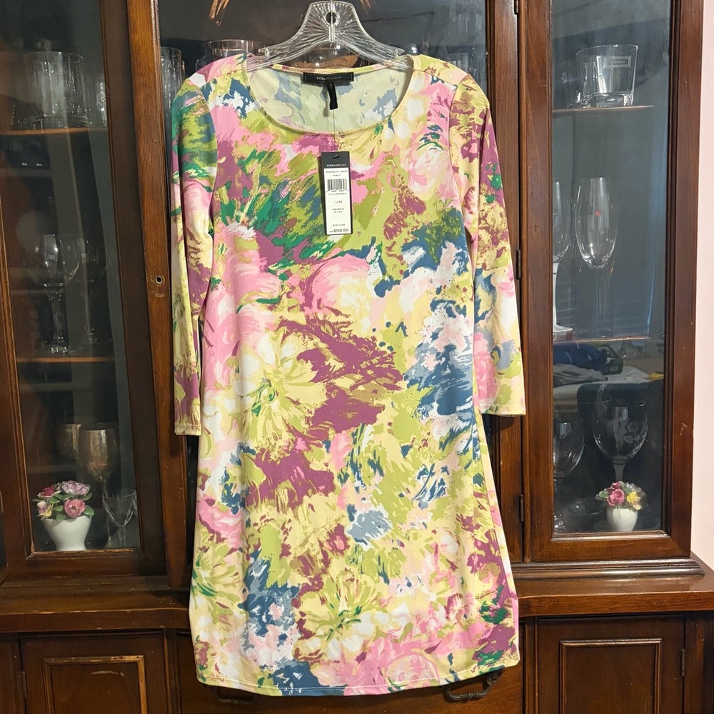 Brand New BCBG Max Azria Pink, Mauve and Yellow-Green Floral Pattern Dress
